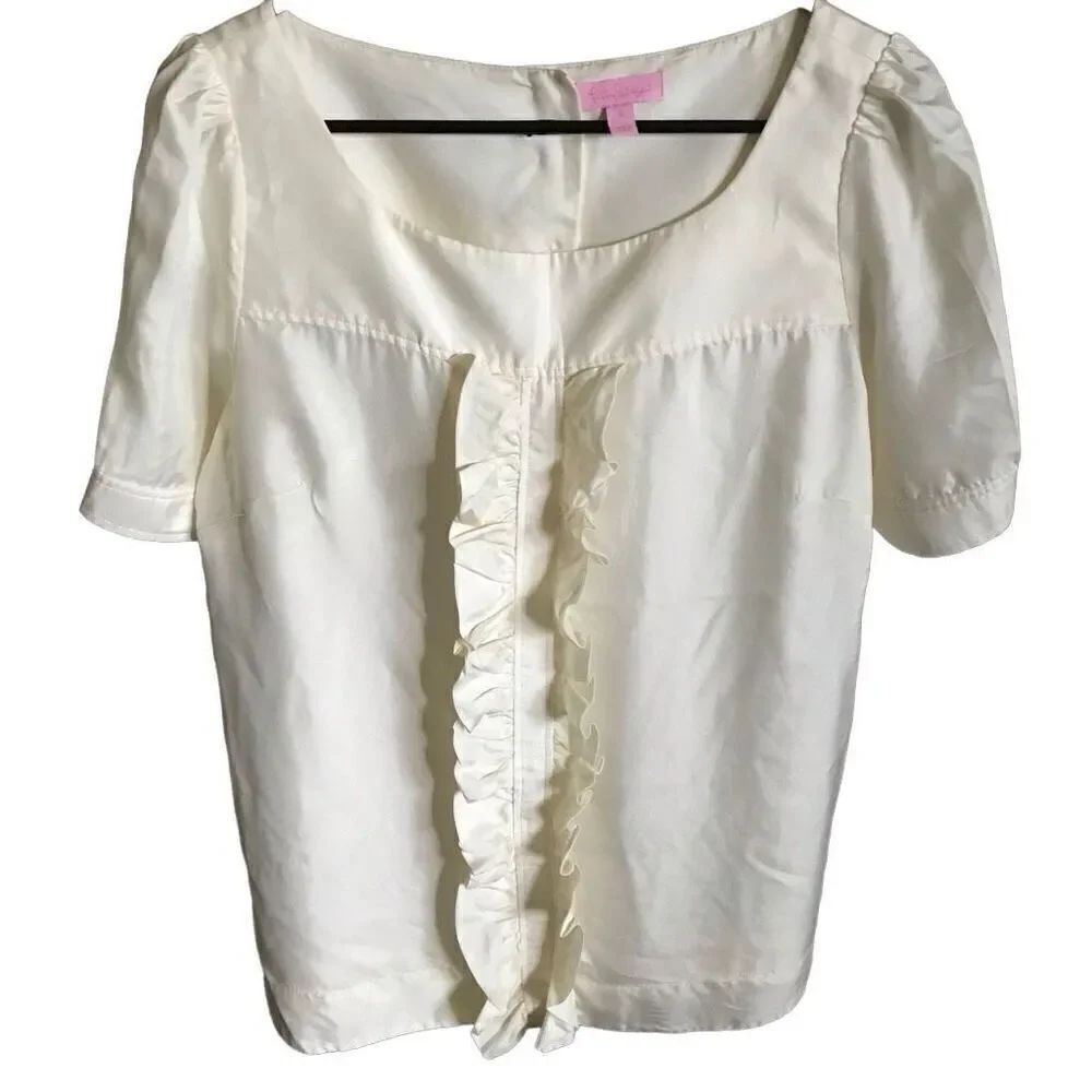 Lilly Pulitzer 100% Silk blouse top ivory cream Size 10 short sleeve